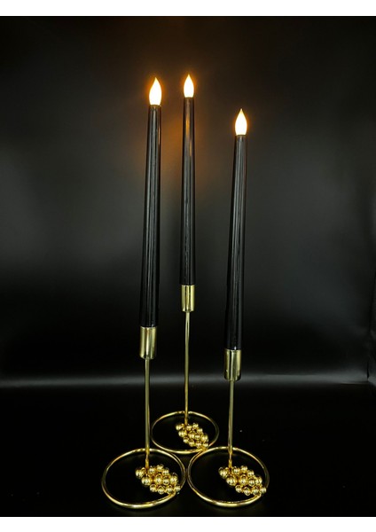 3 Adet 32 cm Siyah Renk Şamdan LED Mum