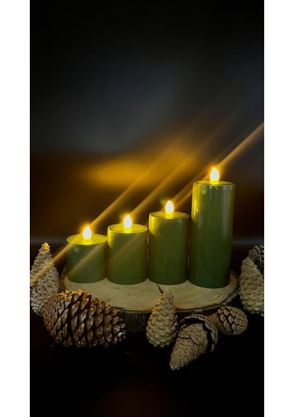 4 Adet 15-10-8-6 cm Yeşil Renk Batom LED Mum - 6 cm Çap