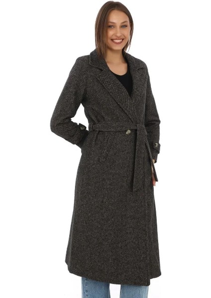 Kadın Astarlı Balık Sırtı Kaşmir Kaşe Kaban - Kahverengi