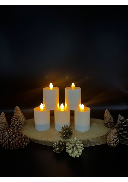 5 Adet 10 cm Krem Renk Batom LED Mum Çap 6 cm