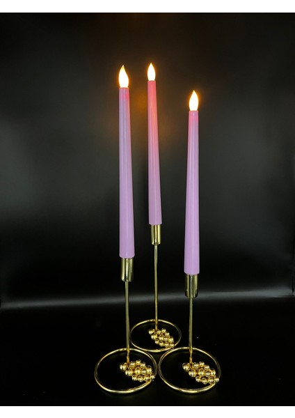 3 Adet 32 cm Mor Renk Şamdan LED Mum
