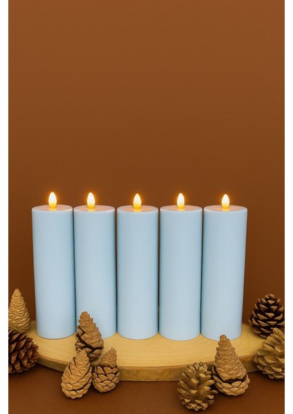 5 Adet 20 cm Bebek Mavisi Renk Batom LED Mum Çap 6 cm