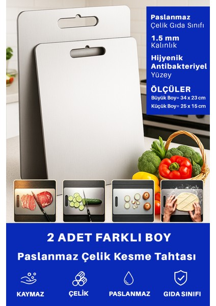 2 Adet Paslanmaz Çelik Mutfak Kesme Tahtası Et Sebze Doğrama Tahtası