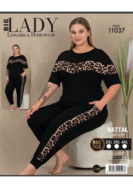 Lady Siyah Renk ve Leopar Desenli Kadın Uzun Kol Büyük Beden Anne Pijama Takımı