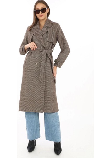 Kadın Balık Sırtı Kaşmir Uzun Kaşe Kaban - Vizon