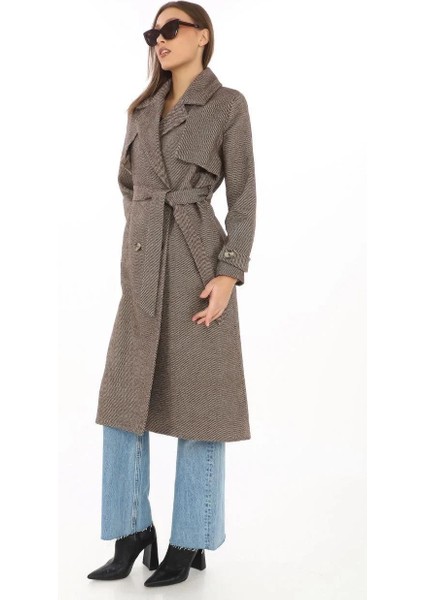 Kadın Balık Sırtı Kaşmir Uzun Kaşe Kaban - Vizon