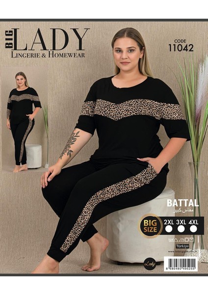 Lady Siyah Renk ve Leopar Desenli Kadın Uzun Kol Büyük Beden Anne Pijama Takımı