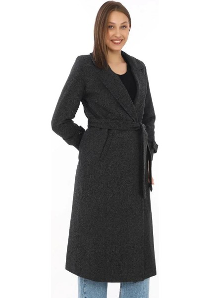 Kadın Astarlı Balık Sırtı Kaşmir Kaşe Kaban - Siyah