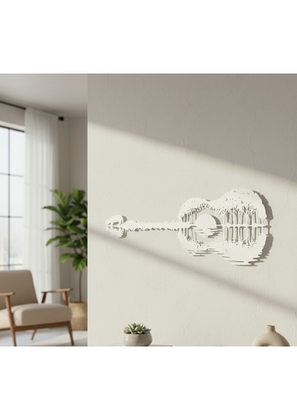 Gitar Günbatımı Çerçevesiz Dekoratif Ahşap Tablo