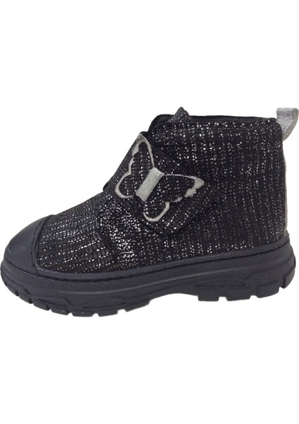 1001 Ridente Siyah Simli Parlak Patik Kız Çocuk Bot % 100 Deri Kalın Tek Cırtlı