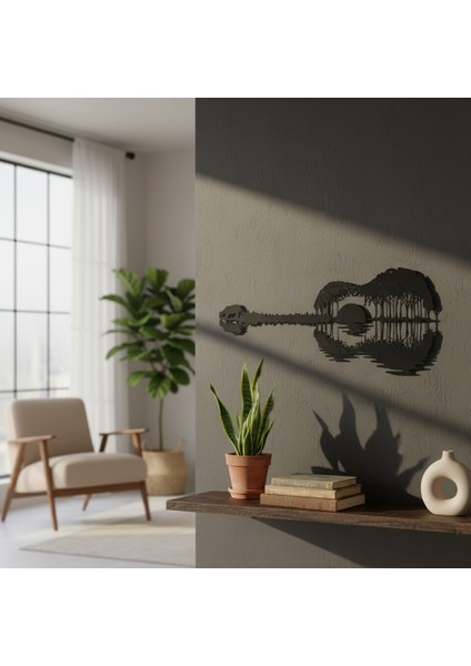 Gitar Günbatımı Çerçevesiz Dekoratif Ahşap Tablo