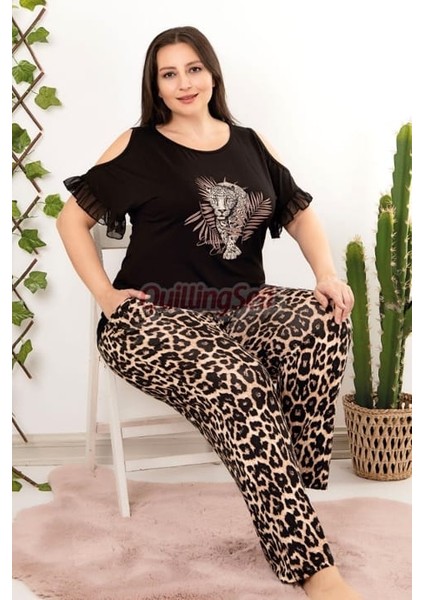 Lady Siyah Leopar Desenli Kısa Kollu Büyük Beden Pijama Takımı