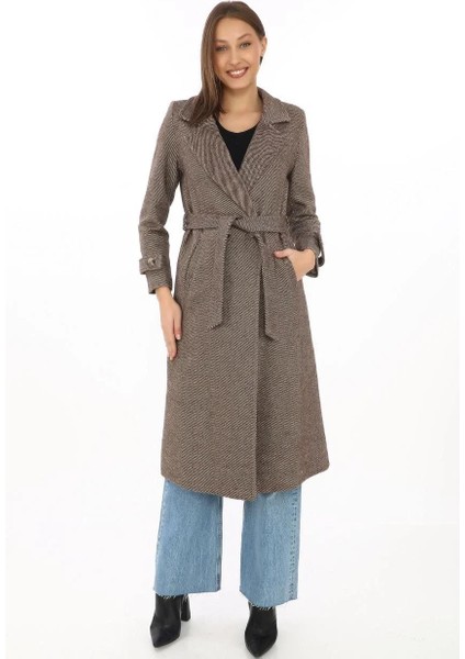 Kadın Astarlı Balık Sırtı Kaşmir Kaşe Kaban - Vizon