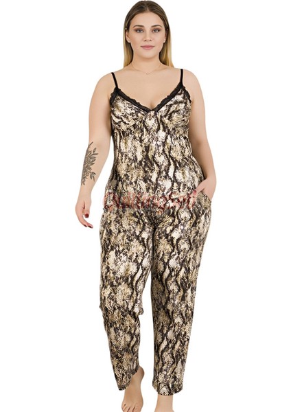 Lady Siyah Renk ve Desenli Kadın Askılı Kol Büyük Beden Anne Pijama Takımı