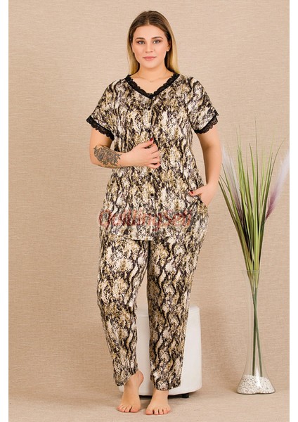 Lady Siyah Renk ve Desenli Kadın Kısa Kol Gömlek Yaka Büyük Beden Anne Pijama Takımı