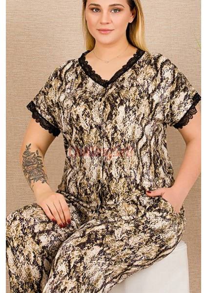 Lady Siyah Renk ve Desenli Kadın Kısa Kol Gömlek Yaka Büyük Beden Anne Pijama Takımı fiyatları