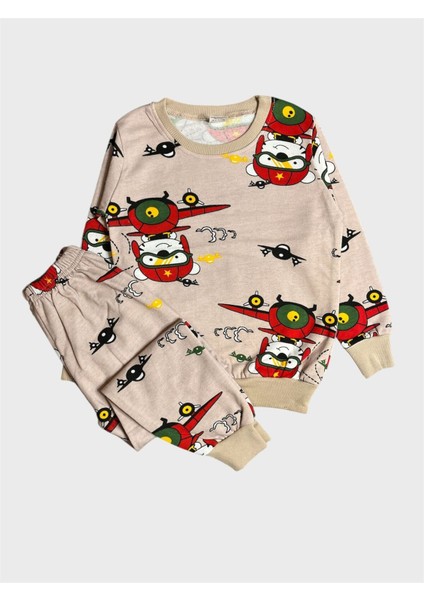 Erkek Çocuk Pamuklu Şardonlu Bej Rengi Helikopter Desenli Uzun Kollu Kışlık Pijama Takımı