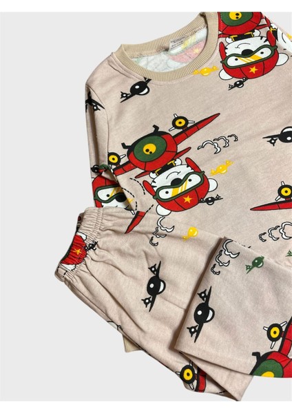 Erkek Çocuk Pamuklu Şardonlu Bej Rengi Helikopter Desenli Uzun Kollu Kışlık Pijama Takımı fiyatları