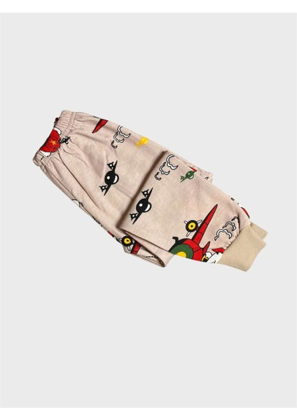 Erkek Çocuk Pamuklu Şardonlu Bej Rengi Helikopter Desenli Uzun Kollu Kışlık Pijama Takımı fırsatları