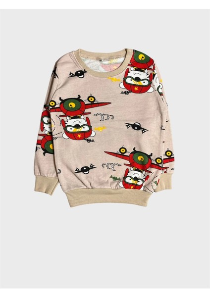 Erkek Çocuk Pamuklu Şardonlu Bej Rengi Helikopter Desenli Uzun Kollu Kışlık Pijama Takımı indirimleri