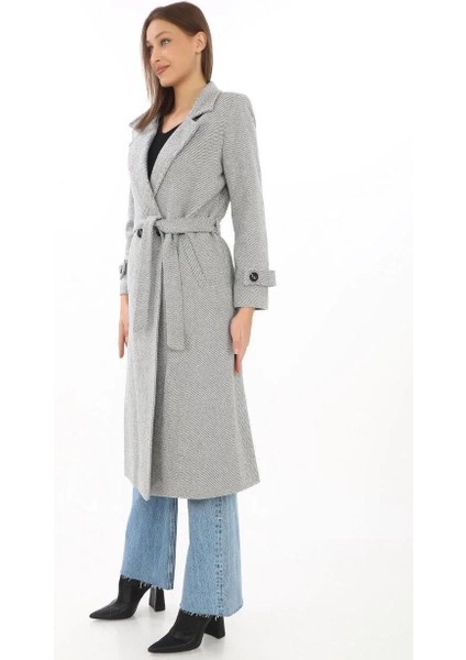 Kadın Astarlı Balık Sırtı Kaşmir Kaşe Kaban - Gri