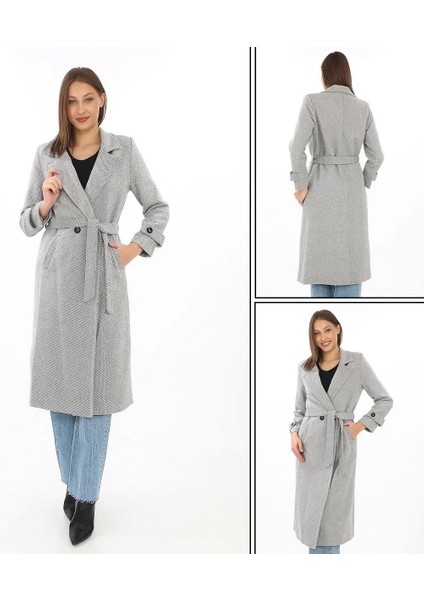 Kadın Astarlı Balık Sırtı Kaşmir Kaşe Kaban - Gri