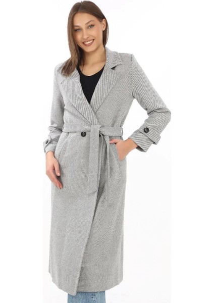 Kadın Astarlı Balık Sırtı Kaşmir Kaşe Kaban - Gri
