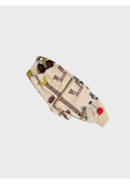 Erkek Çocuk Pamuklu Şardonlu Bej Rengi Iş Makinesi Kamyon Desenli Uzun Kollu Kışlık Pijama Takımı indirimleri