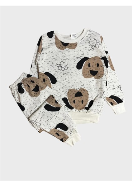 Erkek Çocuk Pamuklu Şardonlu Beyaz Kahve Sevimli Köpek Desenli Uzun Kollu Pijama Takımı