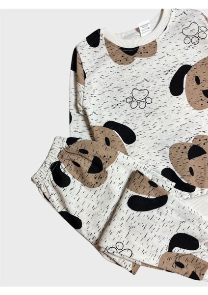 Erkek Çocuk Pamuklu Şardonlu Beyaz Kahve Sevimli Köpek Desenli Uzun Kollu Pijama Takımı modelleri