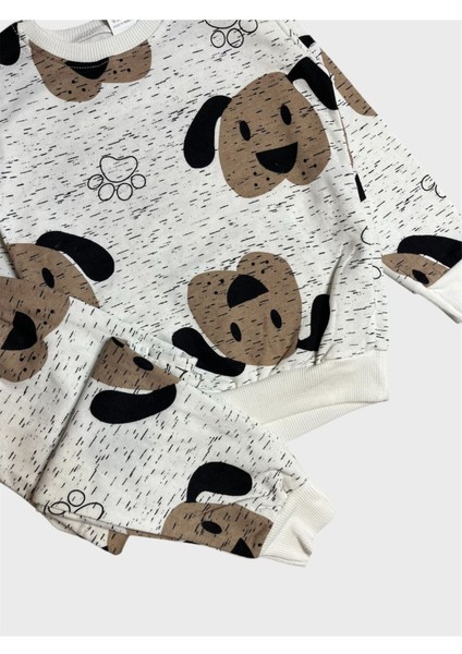 Erkek Çocuk Pamuklu Şardonlu Beyaz Kahve Sevimli Köpek Desenli Uzun Kollu Pijama Takımı fırsatları