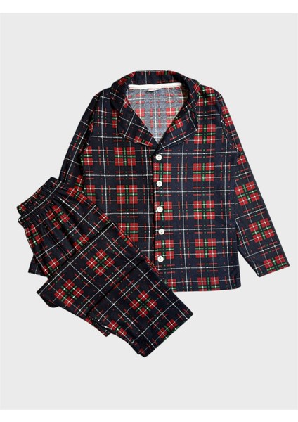 Erkek Çocuk Pamuklu Süet Kumaş Lacivert Bordo Ekose Desenli Uzun Kollu Gömlek Yaka Pijama Takımı