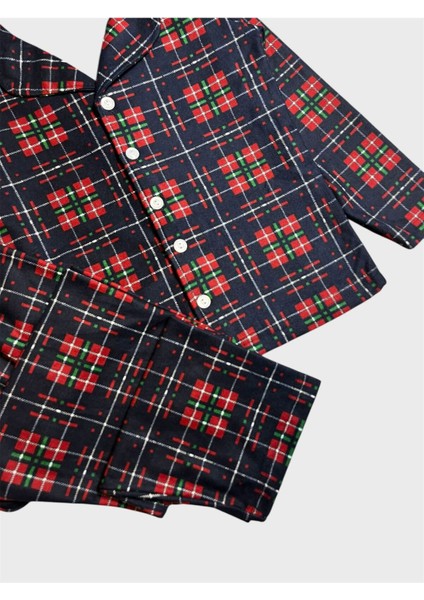 Erkek Çocuk Pamuklu Süet Kumaş Lacivert Bordo Ekose Desenli Uzun Kollu Gömlek Yaka Pijama Takımı modelleri