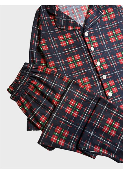 Erkek Çocuk Pamuklu Süet Kumaş Lacivert Bordo Ekose Desenli Uzun Kollu Gömlek Yaka Pijama Takımı fırsatları
