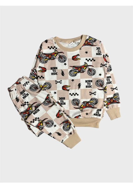 Erkek Çocuk Pamuklu Şardonlu Bej Rengi Motor Desenli Uzun Kollu Kışlık Pijama Takımı