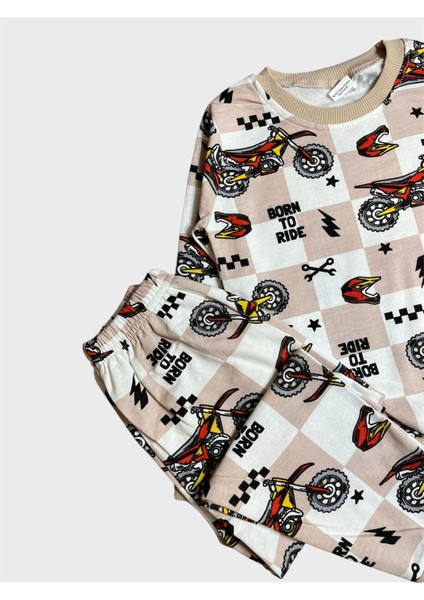 Erkek Çocuk Pamuklu Şardonlu Bej Rengi Motor Desenli Uzun Kollu Kışlık Pijama Takımı fiyatları