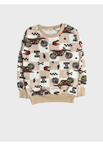 Erkek Çocuk Pamuklu Şardonlu Bej Rengi Motor Desenli Uzun Kollu Kışlık Pijama Takımı fırsatları