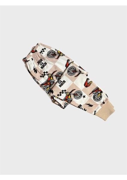 Erkek Çocuk Pamuklu Şardonlu Bej Rengi Motor Desenli Uzun Kollu Kışlık Pijama Takımı indirimleri