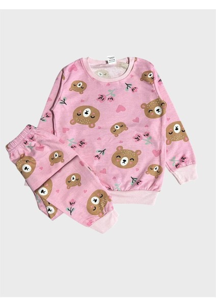 Kız Çocuk Pamuklu Şardonlu Pembe Ayıcık Desenli Uzun Kollu Kışlık Pijama Takımı