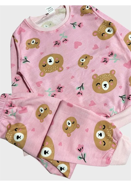 Kız Çocuk Pamuklu Şardonlu Pembe Ayıcık Desenli Uzun Kollu Kışlık Pijama Takımı fiyatları