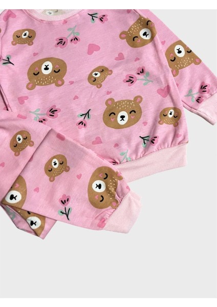 Kız Çocuk Pamuklu Şardonlu Pembe Ayıcık Desenli Uzun Kollu Kışlık Pijama Takımı modelleri
