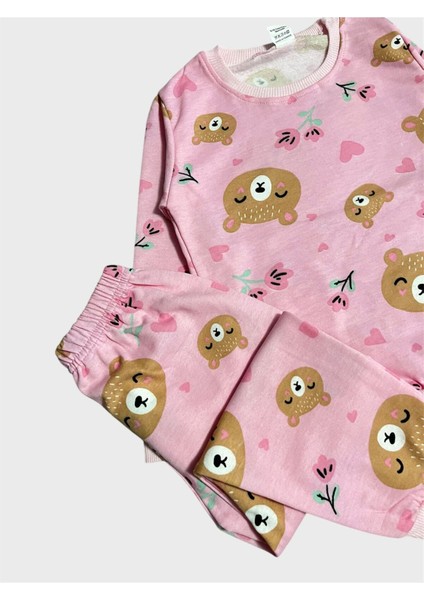 Kız Çocuk Pamuklu Şardonlu Pembe Ayıcık Desenli Uzun Kollu Kışlık Pijama Takımı indirimleri