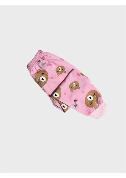 Kız Çocuk Pamuklu Şardonlu Pembe Ayıcık Desenli Uzun Kollu Kışlık Pijama Takımı