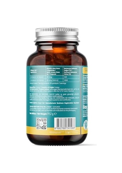 Naturagen Vitamin D3 + K2 1000 Iu 60 Kapsül | Glutensiz Kolay Yutulabilir Vitamin D3 K2 | 60 Yumuşak Jel Kapsül - 2 Aylık