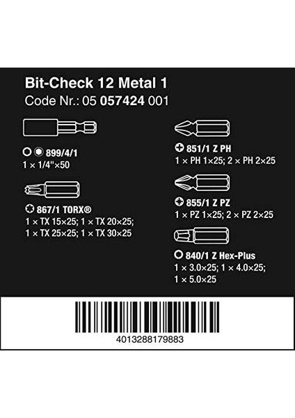 05057424001 Ürün Çeşitleri, Bit-Check Metal 1, 12 Parça, Adet fiyatları