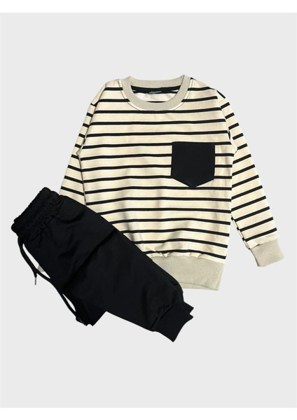 Erkek Çocuk %100 Pamuklu Krem Rengi Siyah Çizgili Uzun Kollu Eşofman Takımı