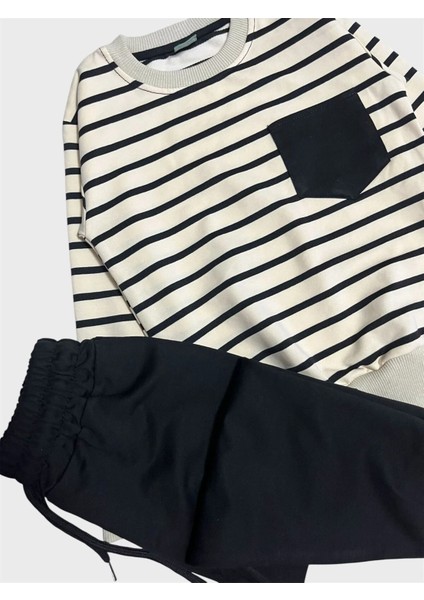 Erkek Çocuk %100 Pamuklu Krem Rengi Siyah Çizgili Uzun Kollu Eşofman Takımı fiyatları