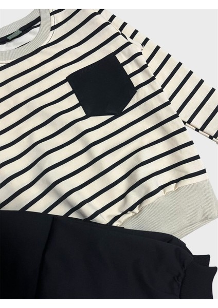 Erkek Çocuk %100 Pamuklu Krem Rengi Siyah Çizgili Uzun Kollu Eşofman Takımı modelleri