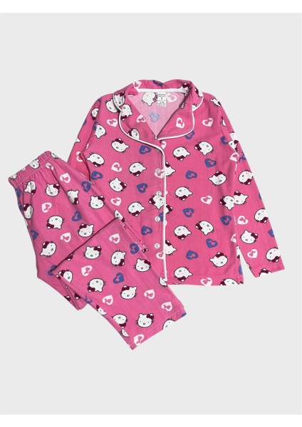 Kız Çocuk Pamuklu Süet Kumaş Pembe Hello Kitty Desenli Uzun Kollu Gömlek Yaka Düğmeli Pijama Takımı