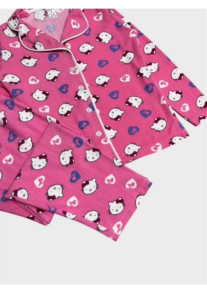 Kız Çocuk Pamuklu Süet Kumaş Pembe Hello Kitty Desenli Uzun Kollu Gömlek Yaka Düğmeli Pijama Takımı fiyatları